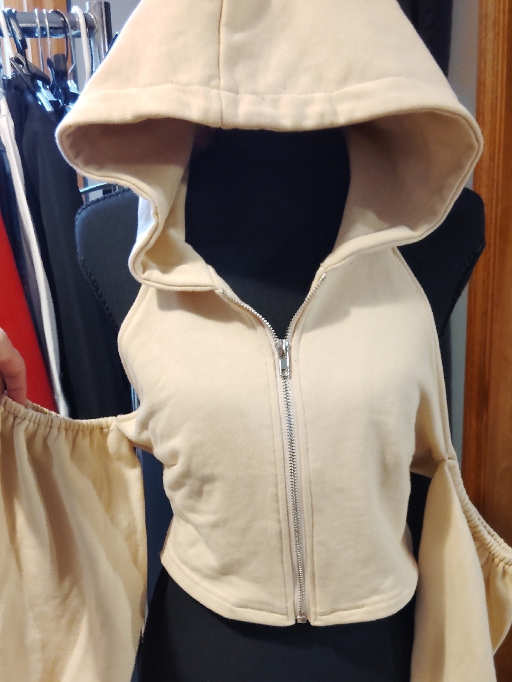 Khaki  Cropped Backless Hooded Zip-Up Sweatshirt S HOT. $118